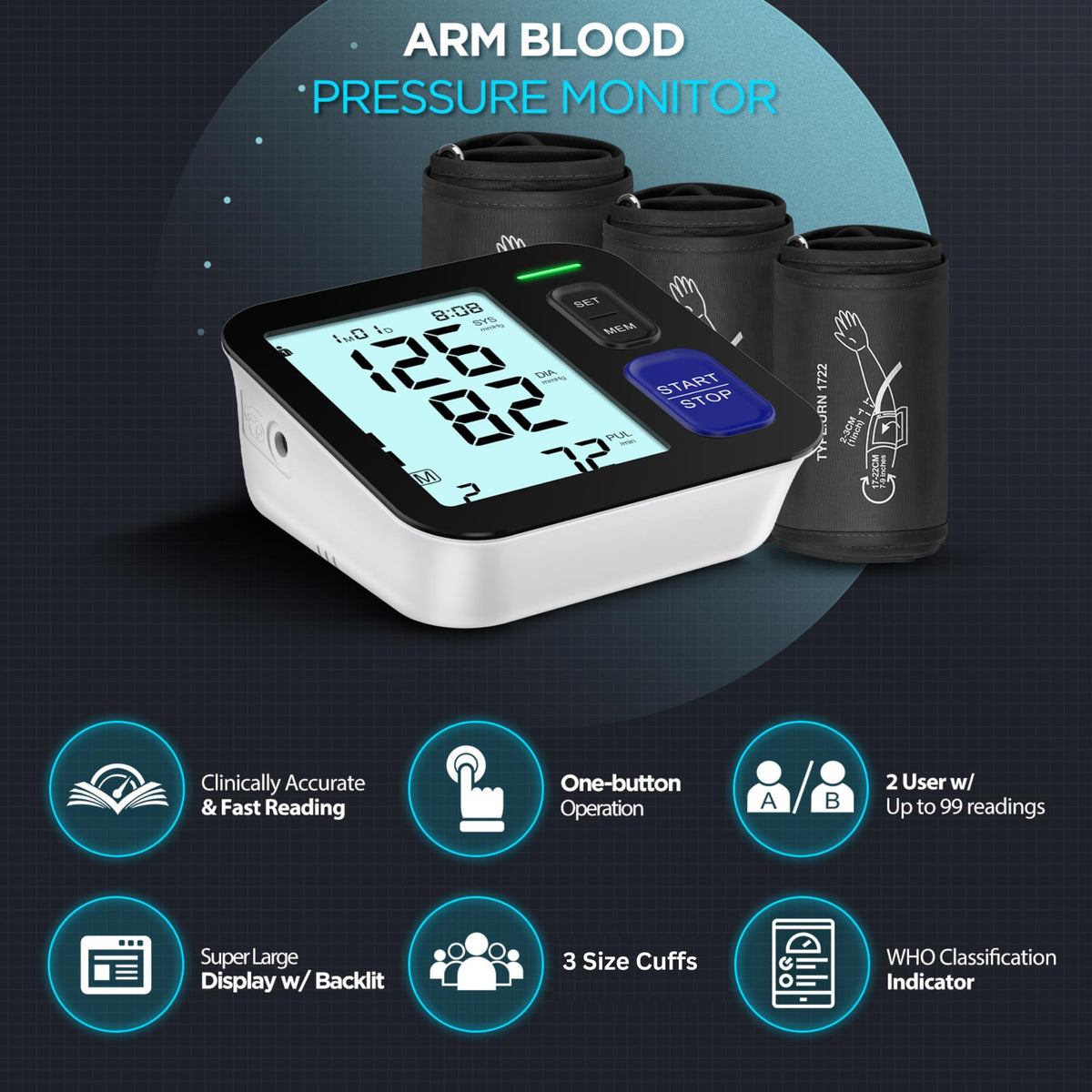 Upper Arm Blood Pressure Machine with 3 Size Cuffs O503550