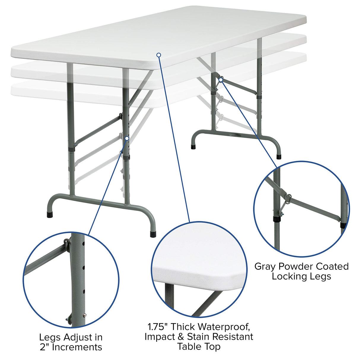6-Foot Height Adjustable Granite White Plastic Folding Table D474233