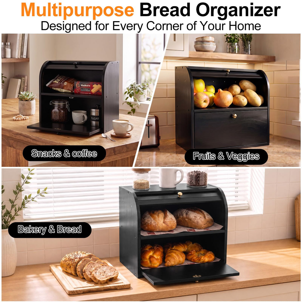 Black Roll Top Bread Box with Cutting Board F961