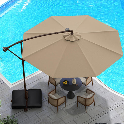 10FT Offset Patio Umbrella with Base and 40 Solar LED Lights Z2977