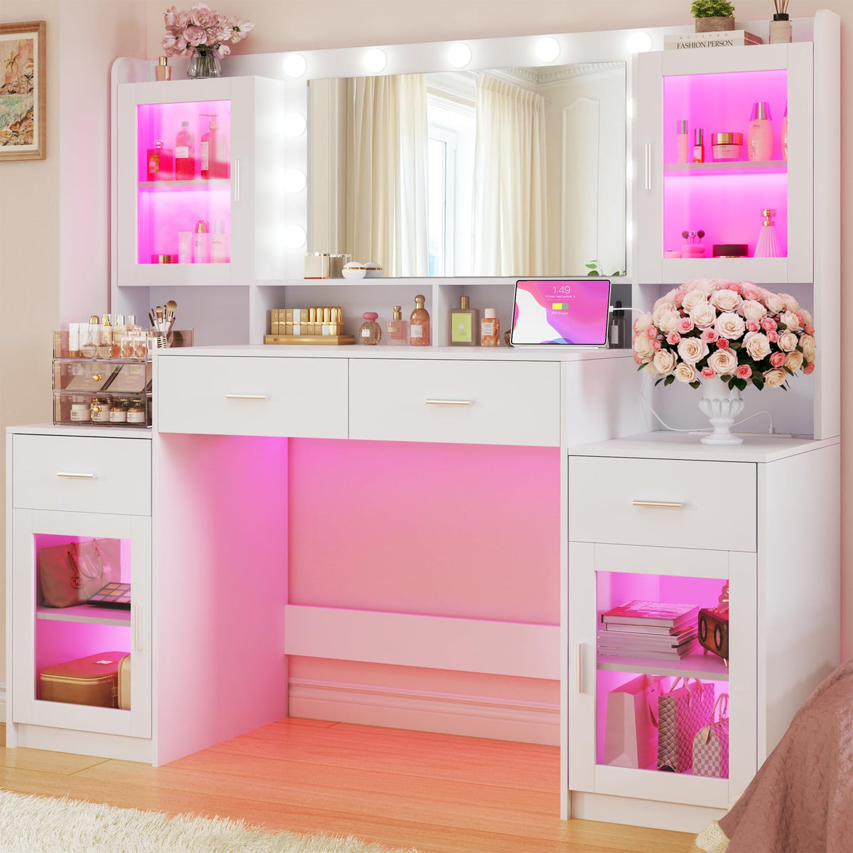 Large White Vanity Desk with Mirror and Lights R1760