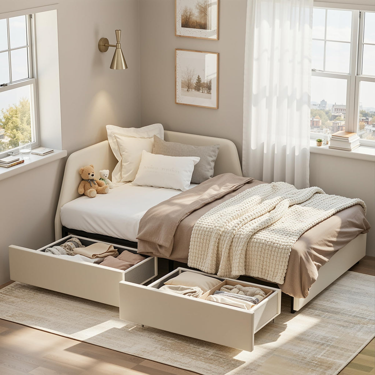 Twin Corner Daybed with 2 Drawers and Headboard, Beige S21654