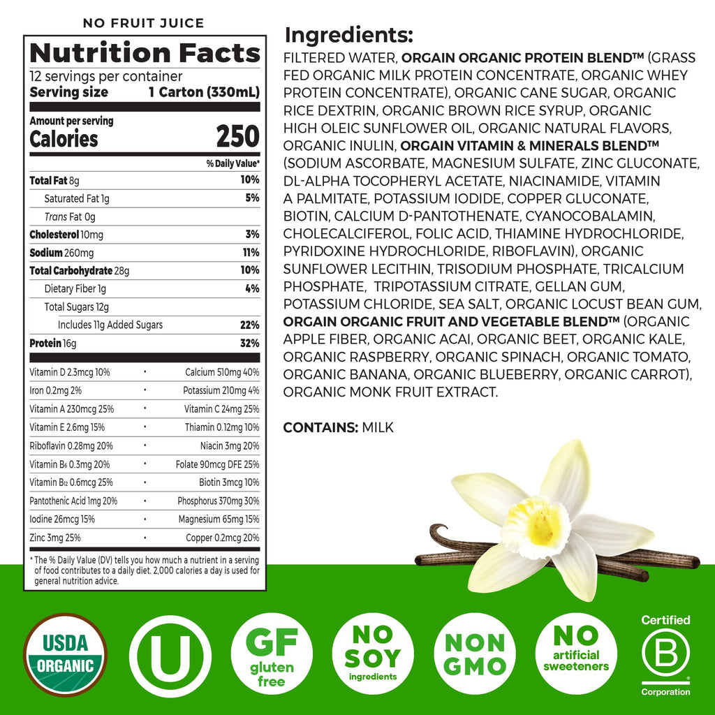 Organic Grass Fed 16g Protein Shake, Vanilla, 11oz, 12pk R83502