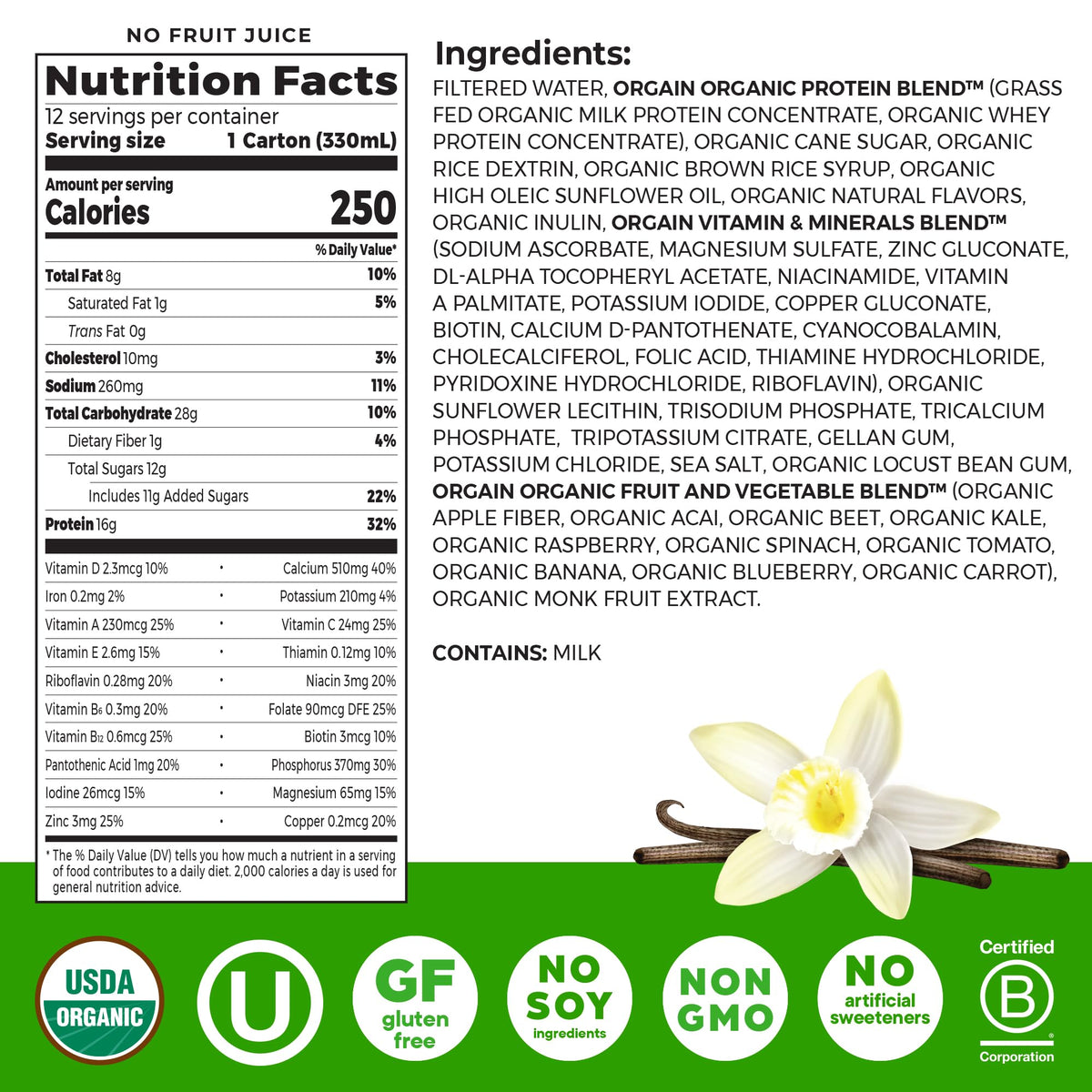 Organic Grass Fed 16g Protein Shake, Vanilla, 11oz, 12pk R83502