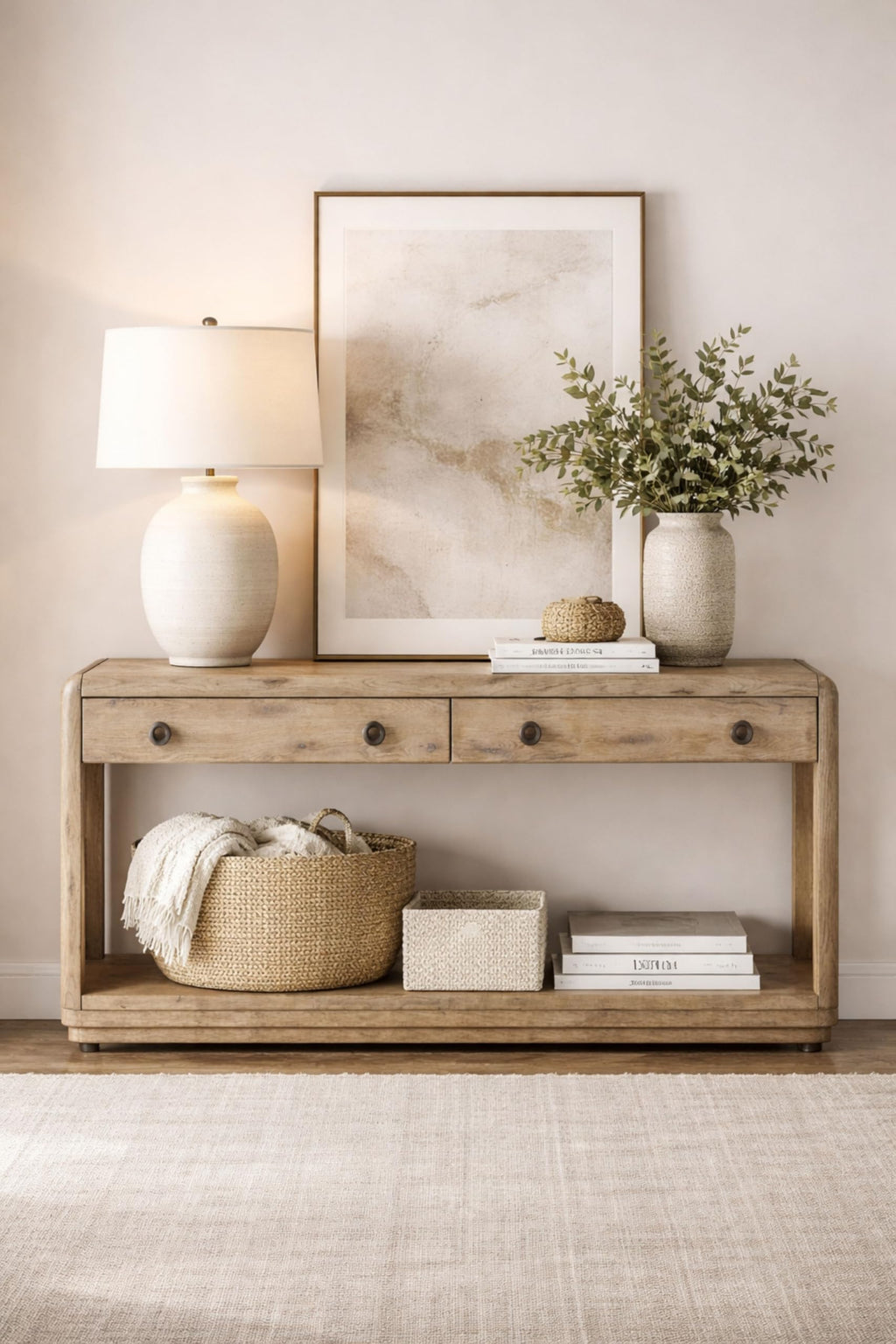 English Knotty Oak Console Table, Solid Wood and Engineered Wood Veneer, Two Self-Closing Drawers, Open Lower Shelf, Rounded Edges, 72 x 16 x 32.25 Inchs, Oak Finish T9895