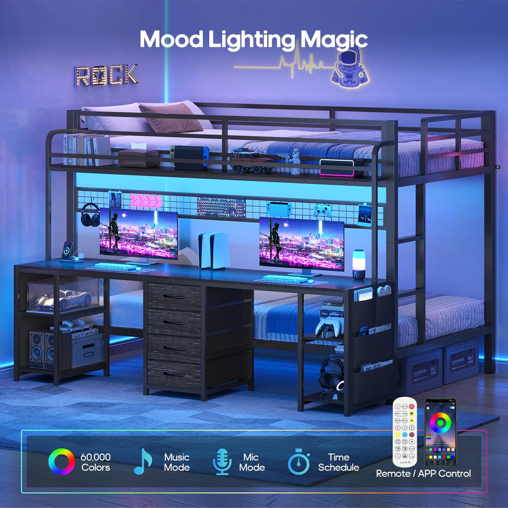 Twin Over Twin Bunk Bed with Desk and LED Lights C802