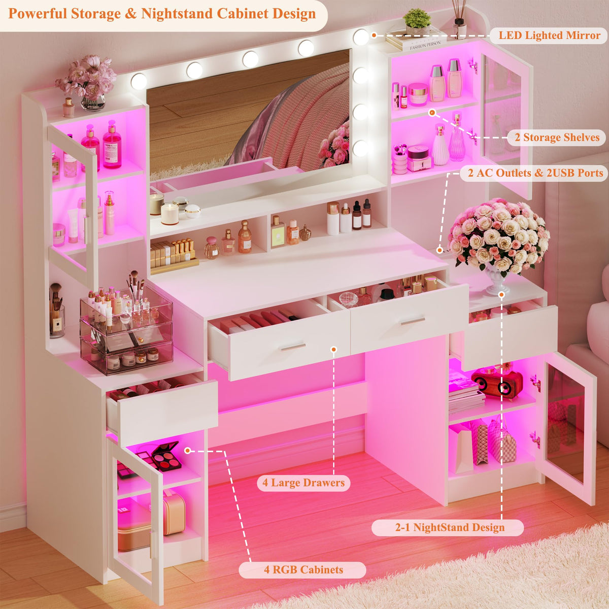 Large White Vanity Desk with Mirror and Lights R1760
