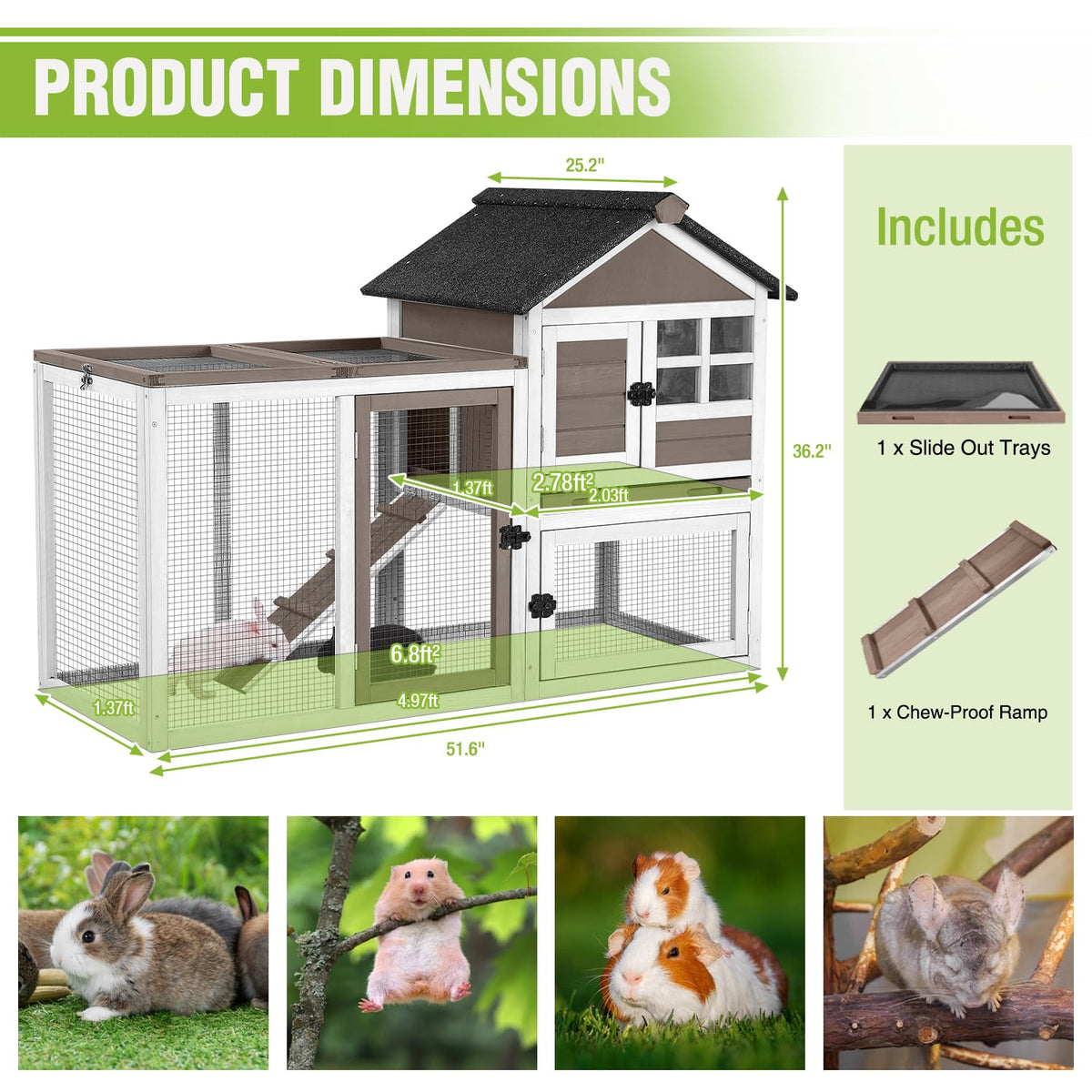 51.6" Large Rabbit Hutch with Run and Tray M438509