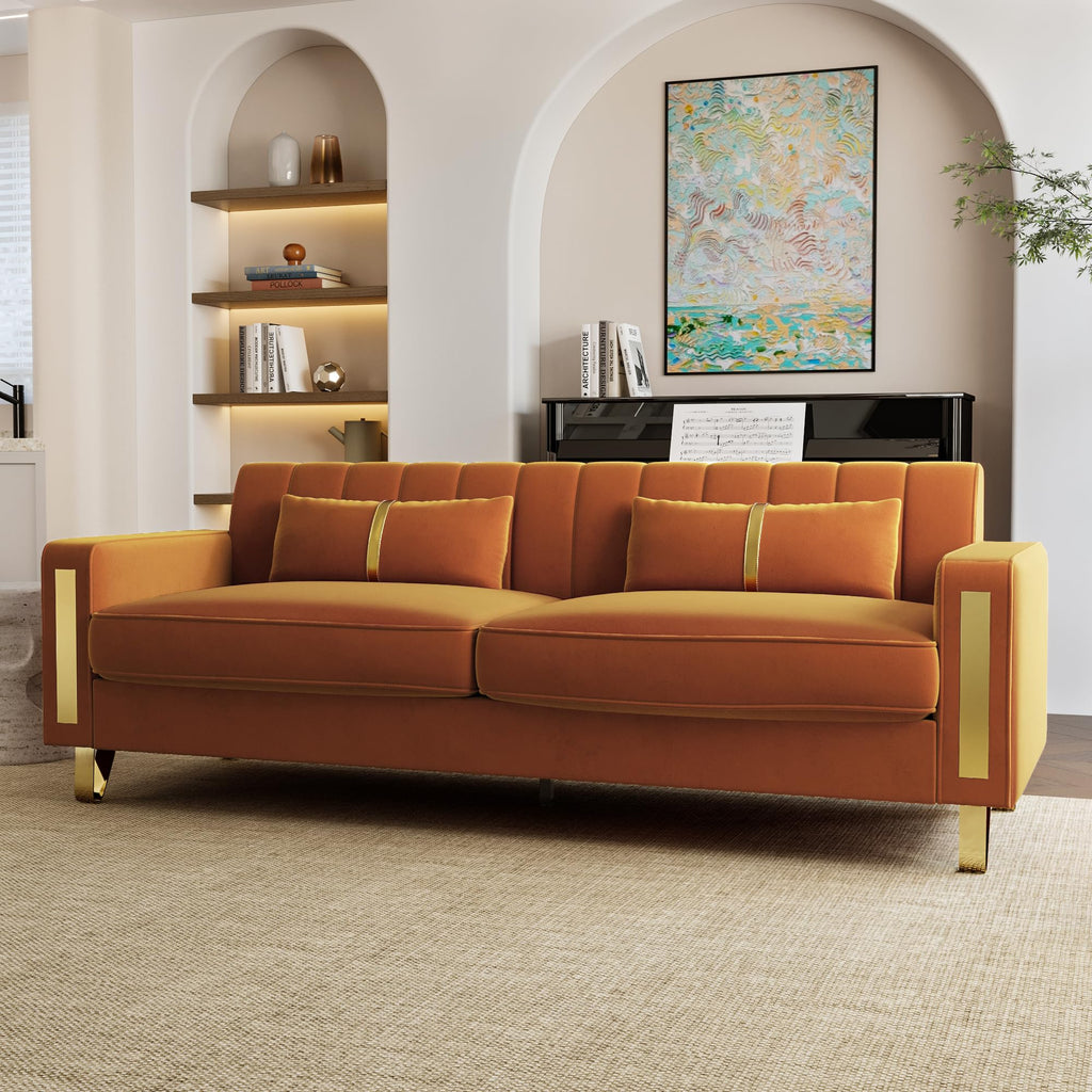 Orange 3-Seater Velvet Loveseat with 2 Pillows V2017