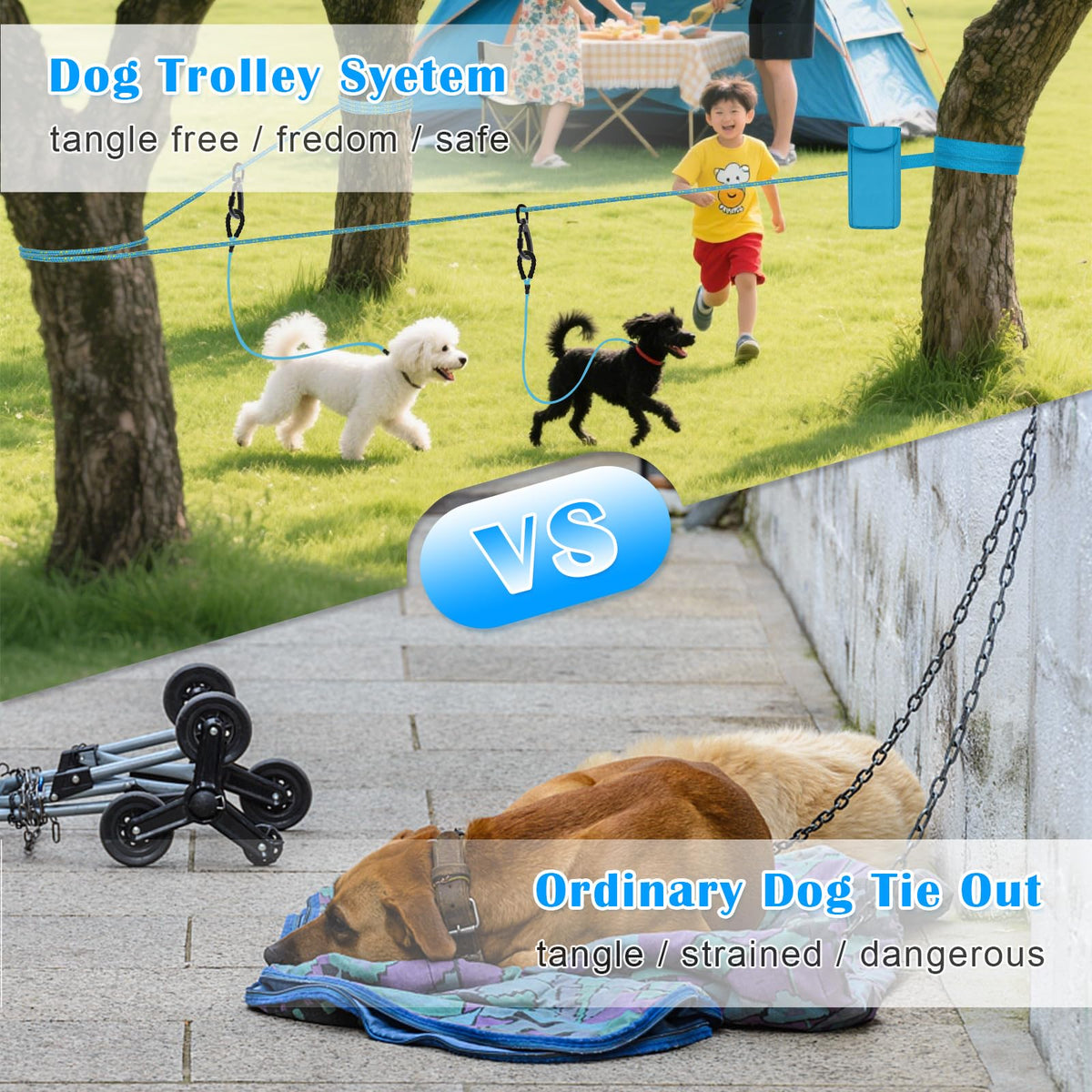 100FT Portable Dog Tie Out Cable for 2 Dogs P681