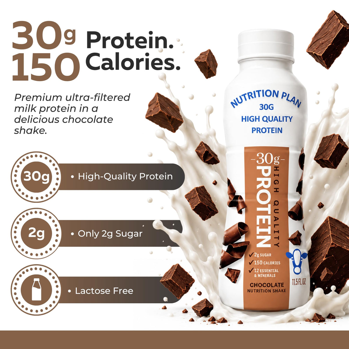 High-Protein Ready to Drink Shake – 30g Milk Protein, 150 Calories, 2g Sugar – Lactose Free, Chocolate, 11.5 fl oz (12 Pack) I7879