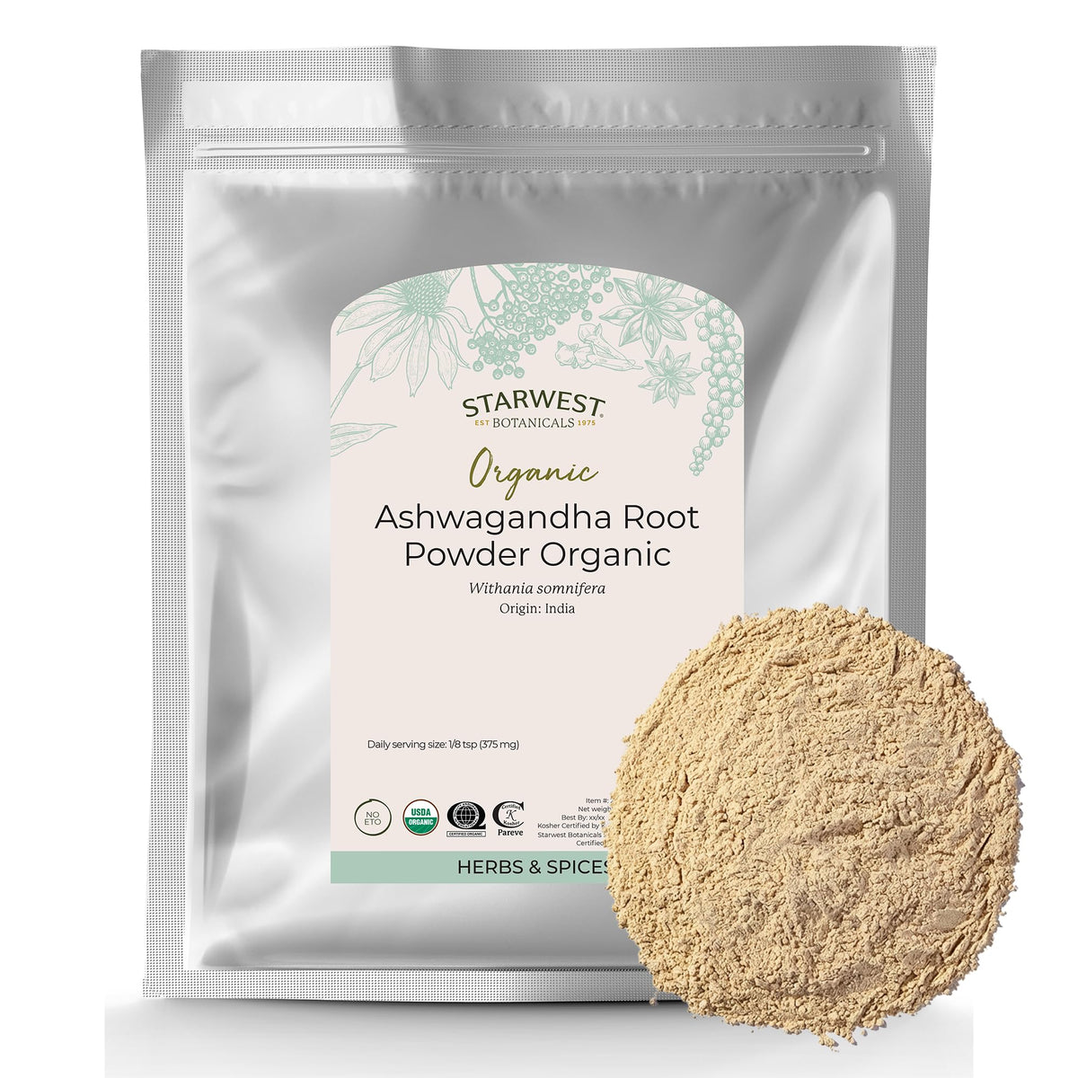 Organic Ashwagandha Root Powder 1 lb Bag K160