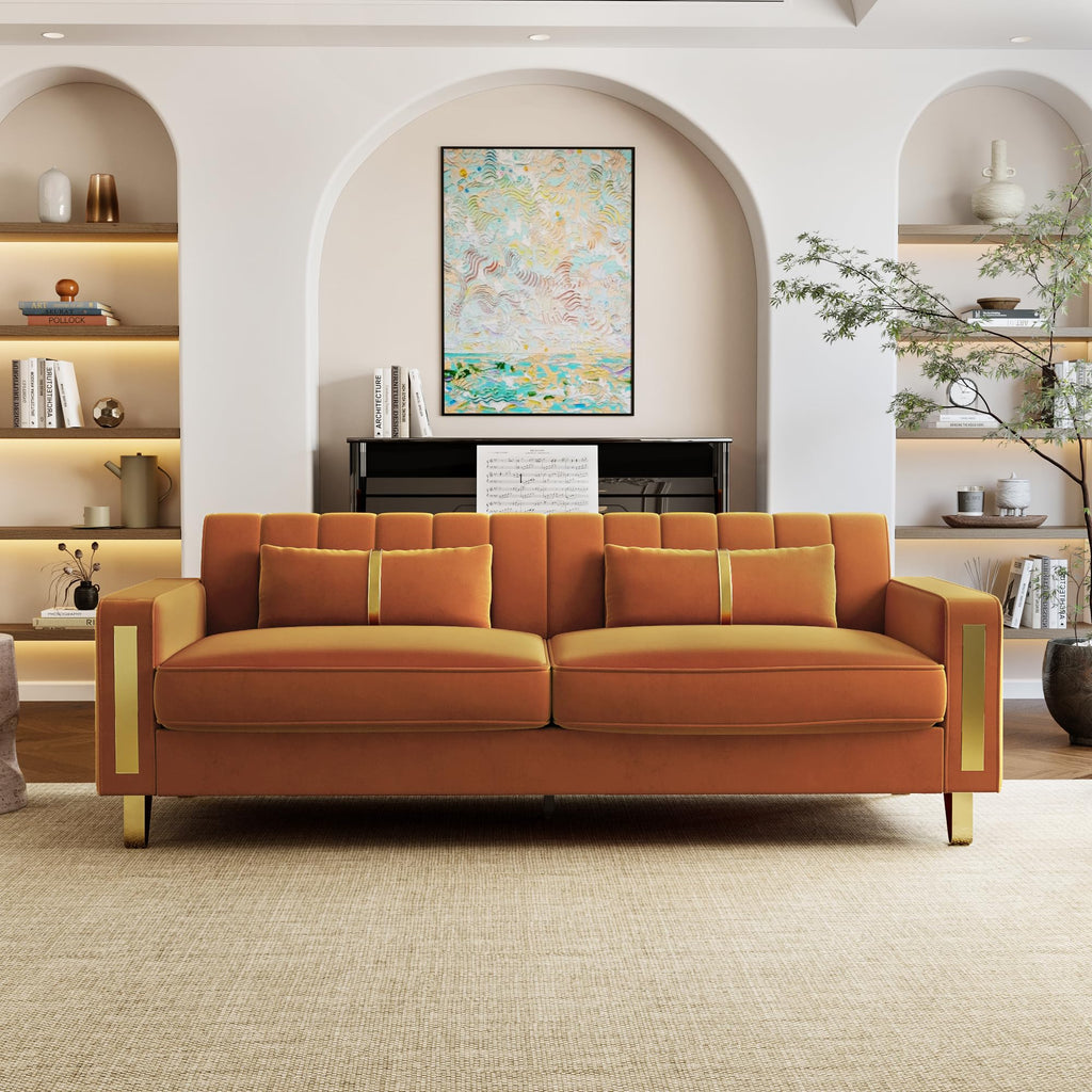 Orange 3-Seater Velvet Loveseat with 2 Pillows V2017