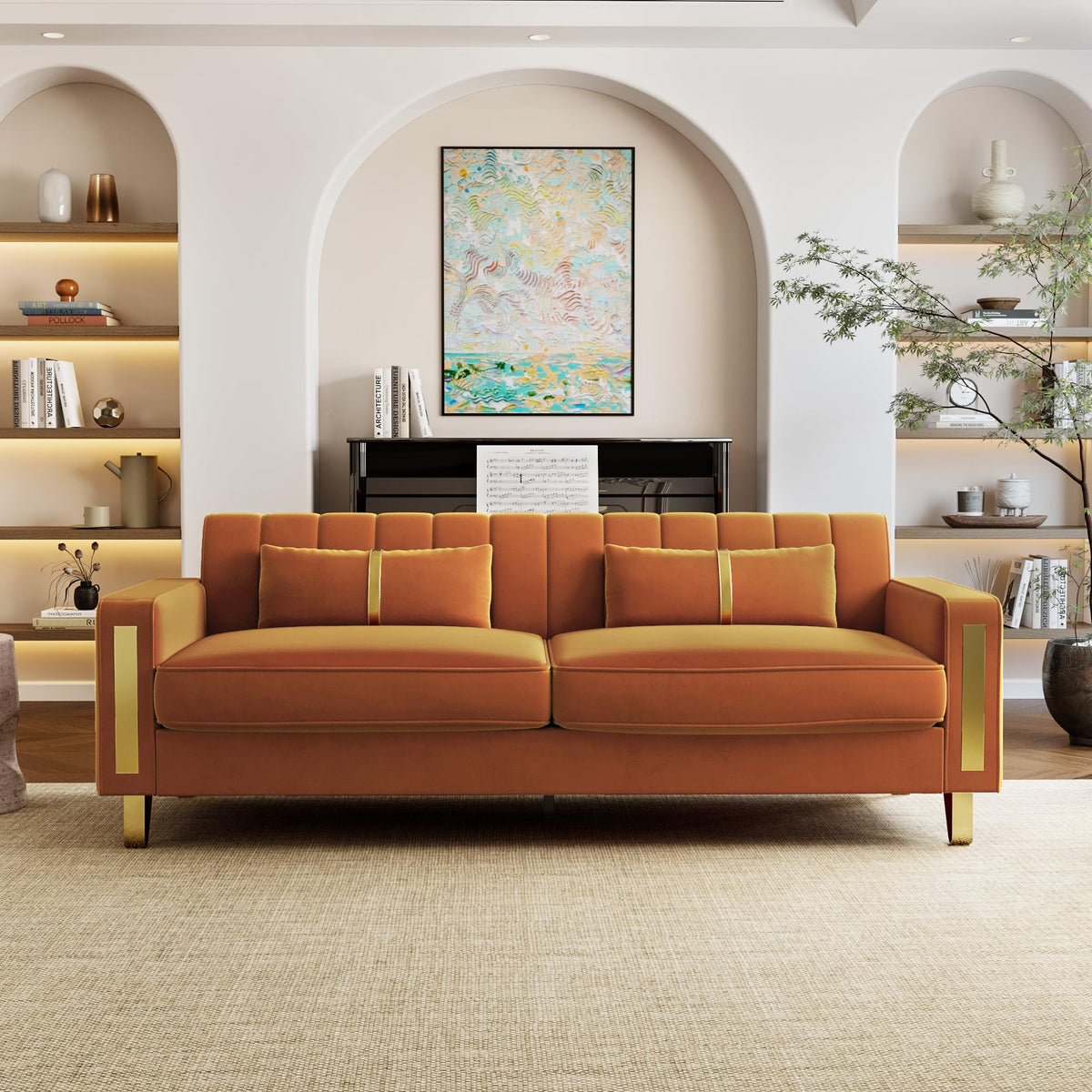 Orange 3-Seater Velvet Loveseat with 2 Pillows V2017