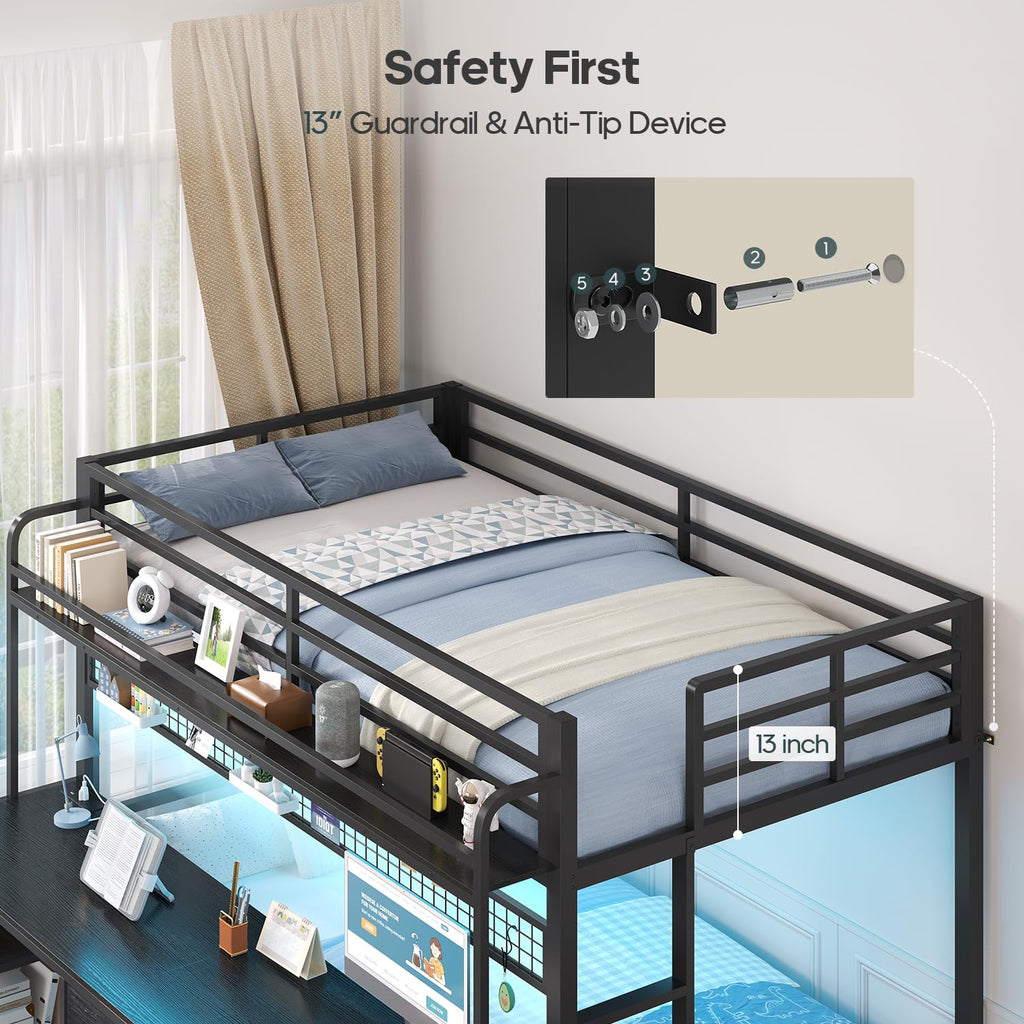 Twin Over Twin Bunk Bed with Desk and LED Lights C802