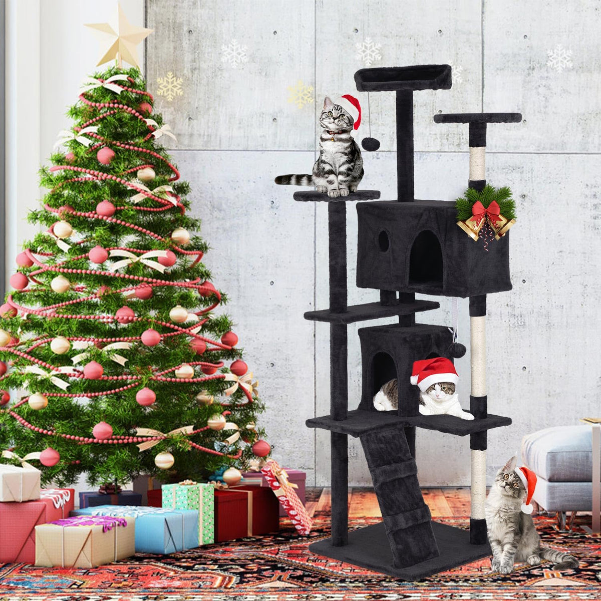 70" Dark Grey Cat Tree Tower with Scratching Post and Bed Y79117