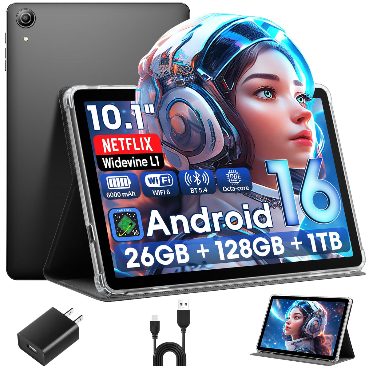 Android 16 Tablet 10 Inch with Case, 26GB RAM 128GB ROM Q405