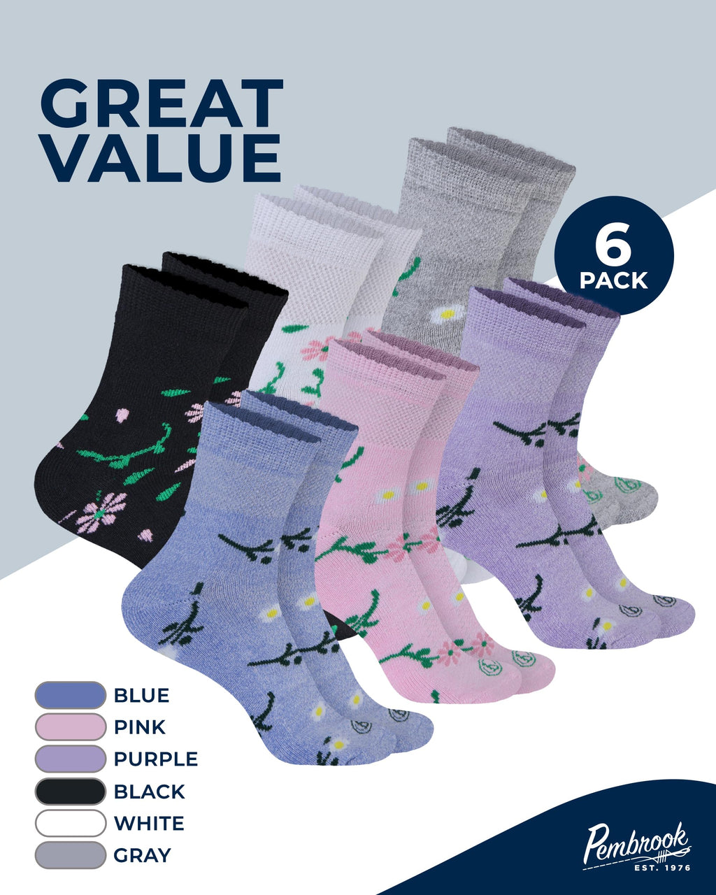 Bamboo Viscose Diabetic Socks 6 Pairs Y749958