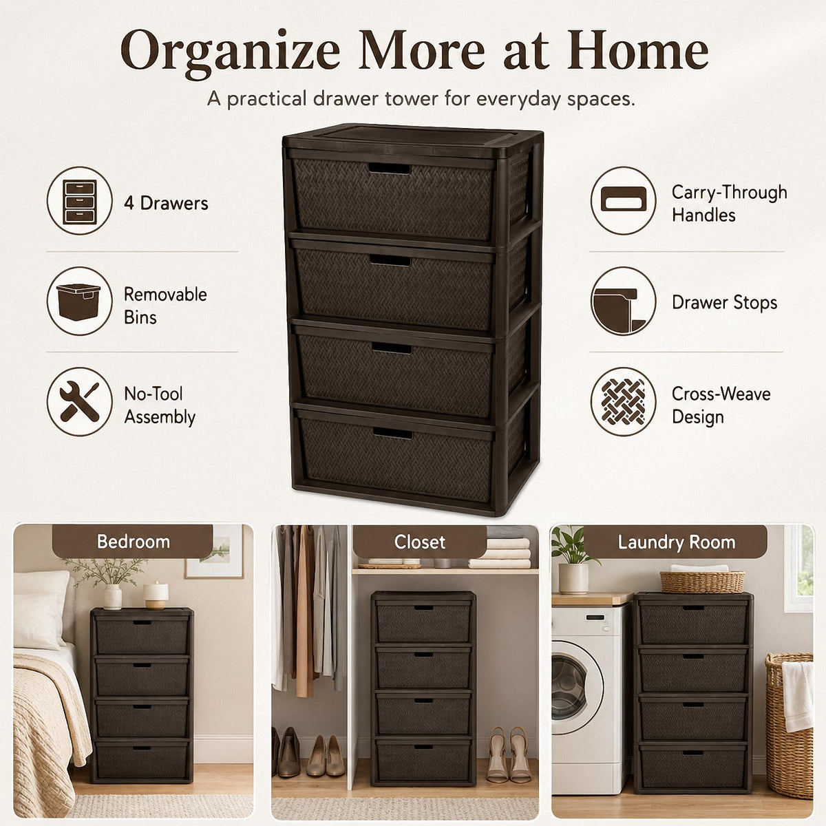 Brown 4 Drawer Plastic Storage Organizer O9968