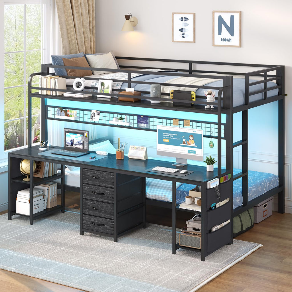 Twin Over Twin Bunk Bed with Desk and LED Lights C802