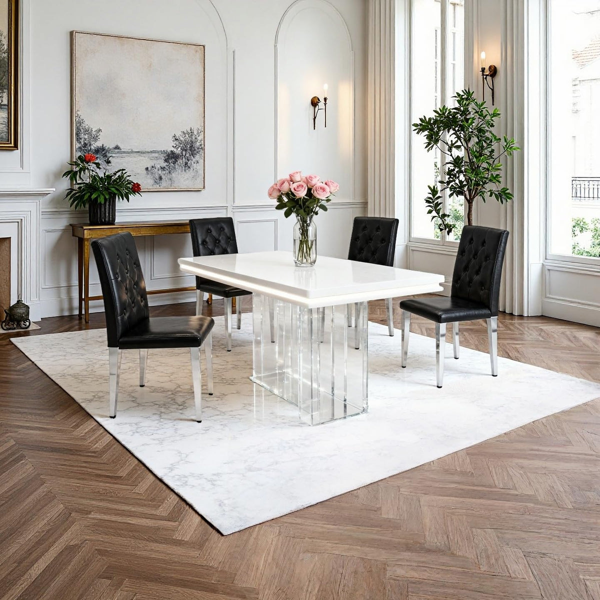 Black Upholstered Dining Chairs Set of 4 with Silver Metal Legs J88169