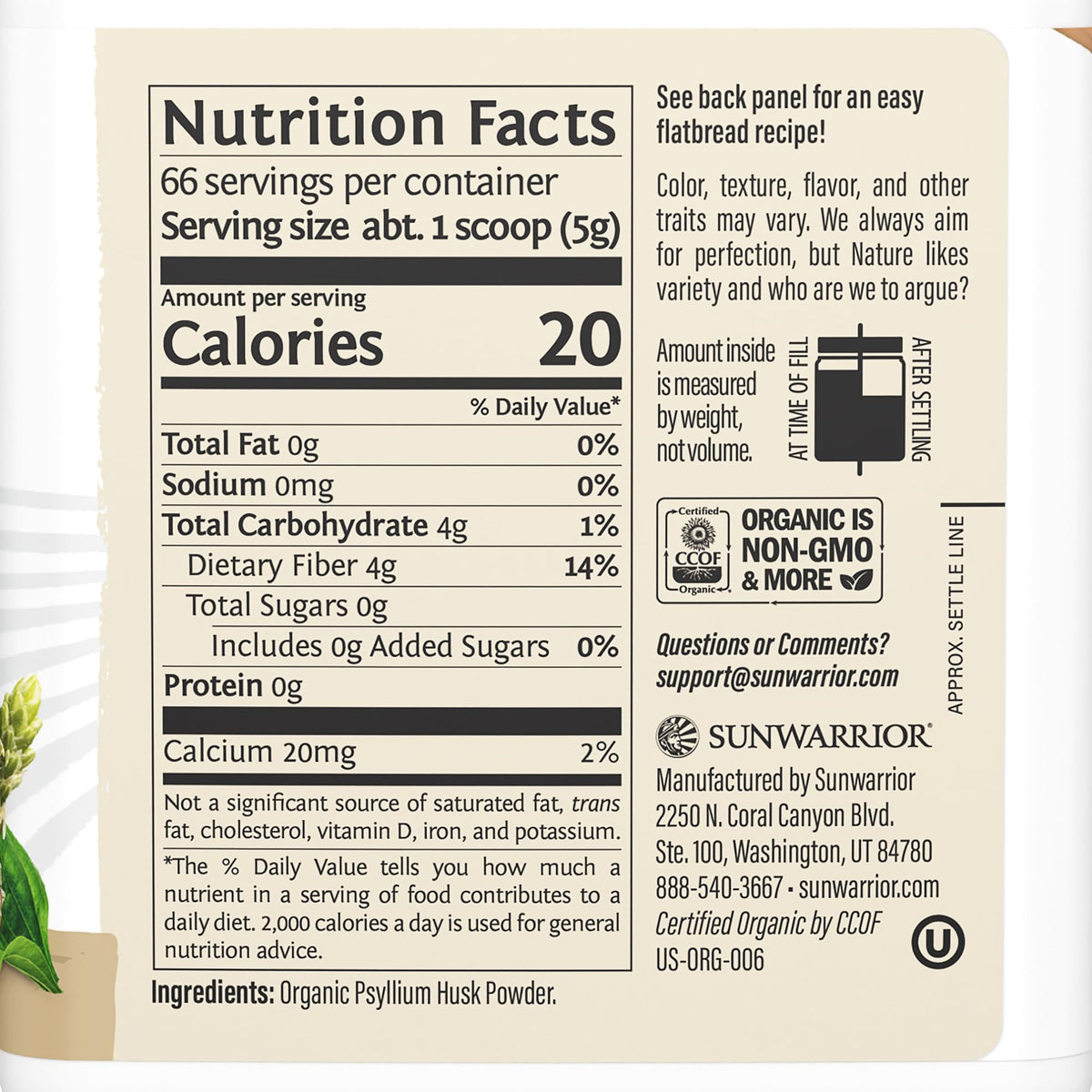 Organic Psyllium Husk Powder Fiber 66 Servings Z97450