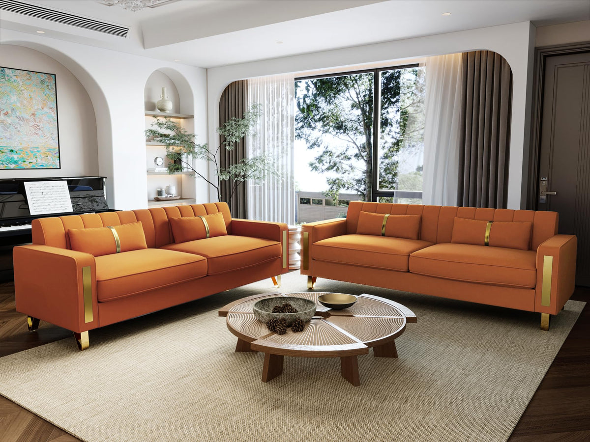Orange 3-Seater Velvet Loveseat with 2 Pillows V2017