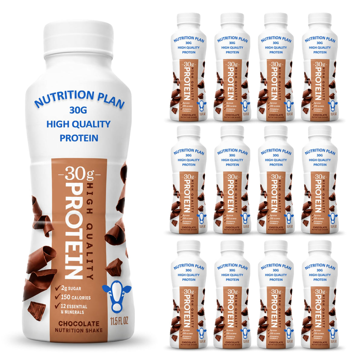 High-Protein Ready to Drink Shake – 30g Milk Protein, 150 Calories, 2g Sugar – Lactose Free, Chocolate, 11.5 fl oz (12 Pack) I7879