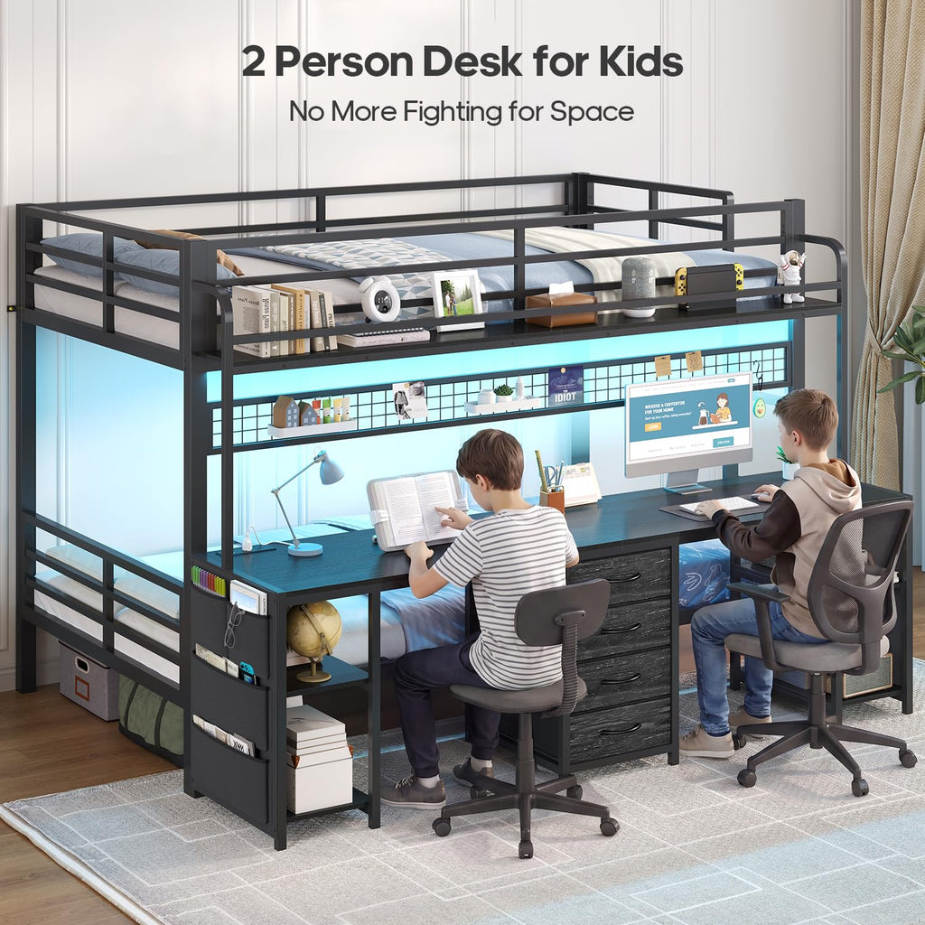 Twin Over Twin Bunk Bed with Desk and LED Lights C802