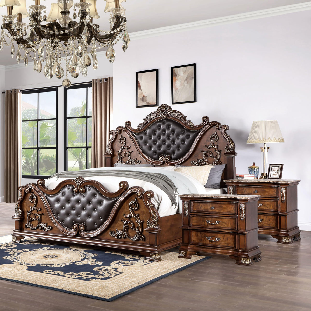 Wood 3-Piece California King Bedroom Set with Marble Top Nightstand I13655