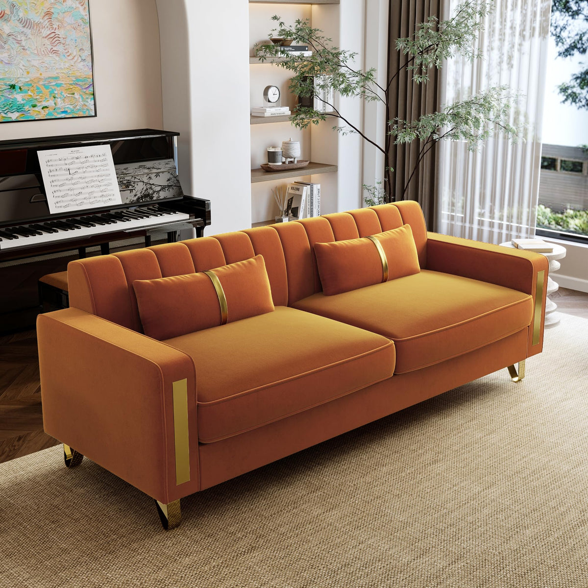 Orange 3-Seater Velvet Loveseat with 2 Pillows V2017