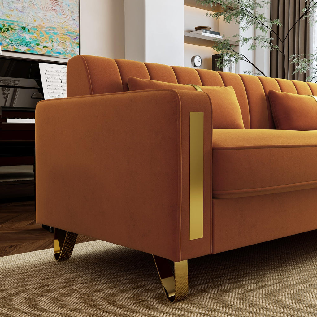 Orange 3-Seater Velvet Loveseat with 2 Pillows V2017