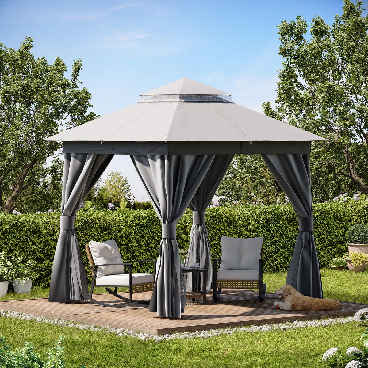 8'x8' Heavy Duty Patio Gazebo with Double Roofs, Mosquito Nettings and Privacy Screens V83895
