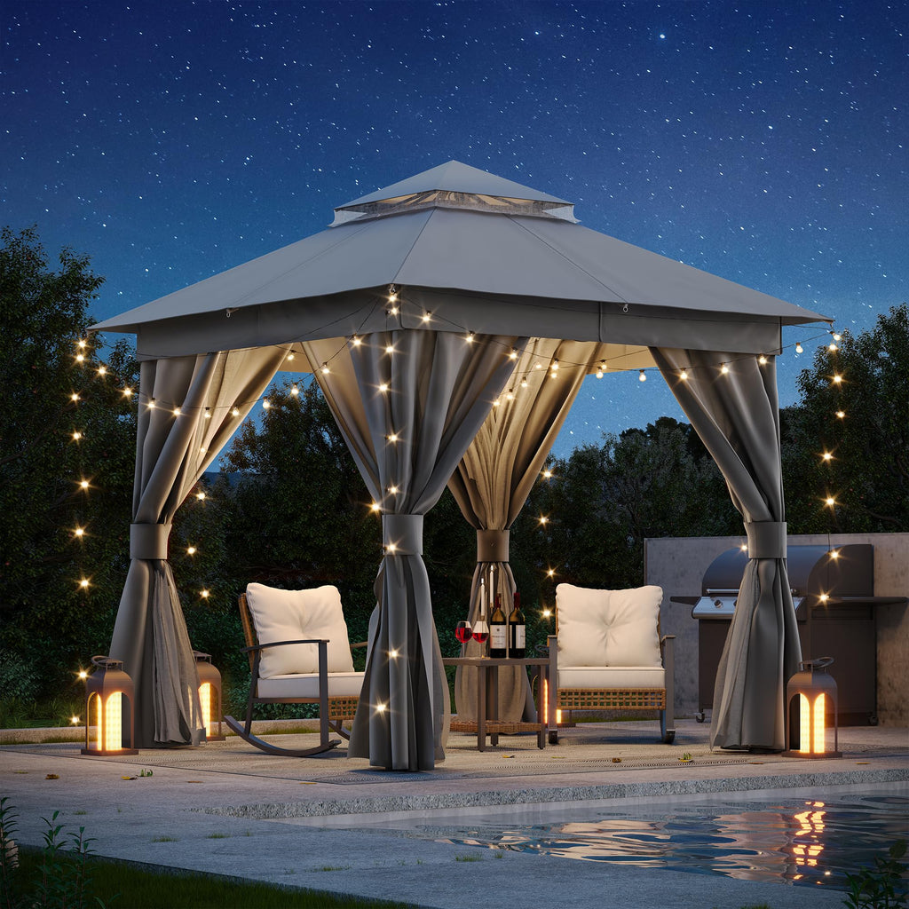 8'x8' Heavy Duty Patio Gazebo with Double Roofs, Mosquito Nettings and Privacy Screens V83895