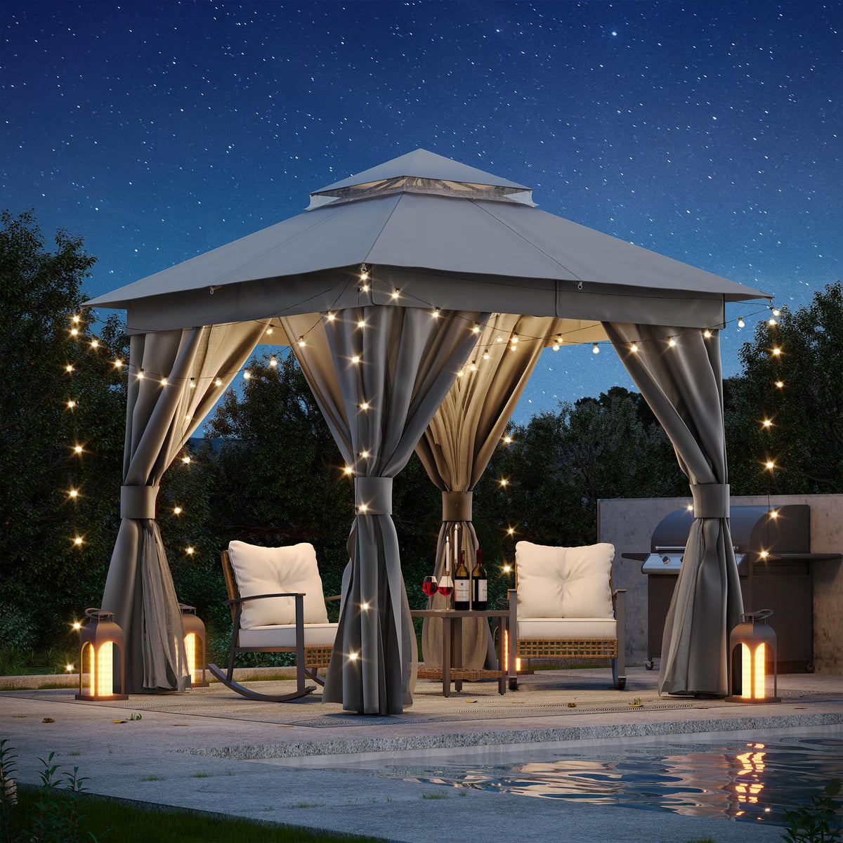8'x8' Heavy Duty Patio Gazebo with Double Roofs, Mosquito Nettings and Privacy Screens V83895