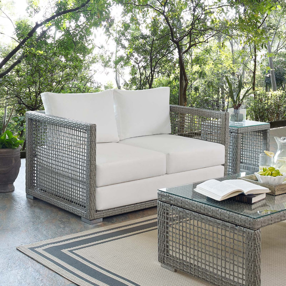 Gray White Wicker Rattan Loveseat with Cushions H1360