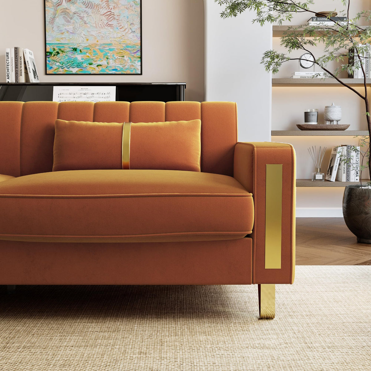 Orange 3-Seater Velvet Loveseat with 2 Pillows V2017