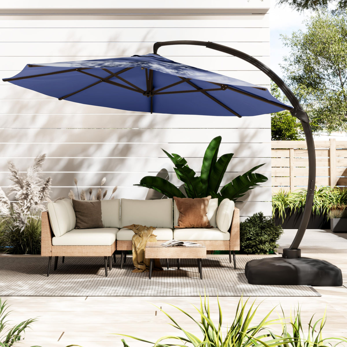 11FT Navy Blue Aluminum Cantilever Patio Umbrella with Base J16677